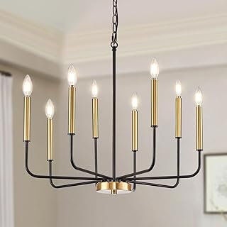 Modern Black and Gold Chandelier for Dining Room, 8-Light Metal Farmhouse Dining Room Light Fixtures Hanging Candle Chandelier Lighting for Kitchen, Living Room, Foyer, Entryway, Bedroom