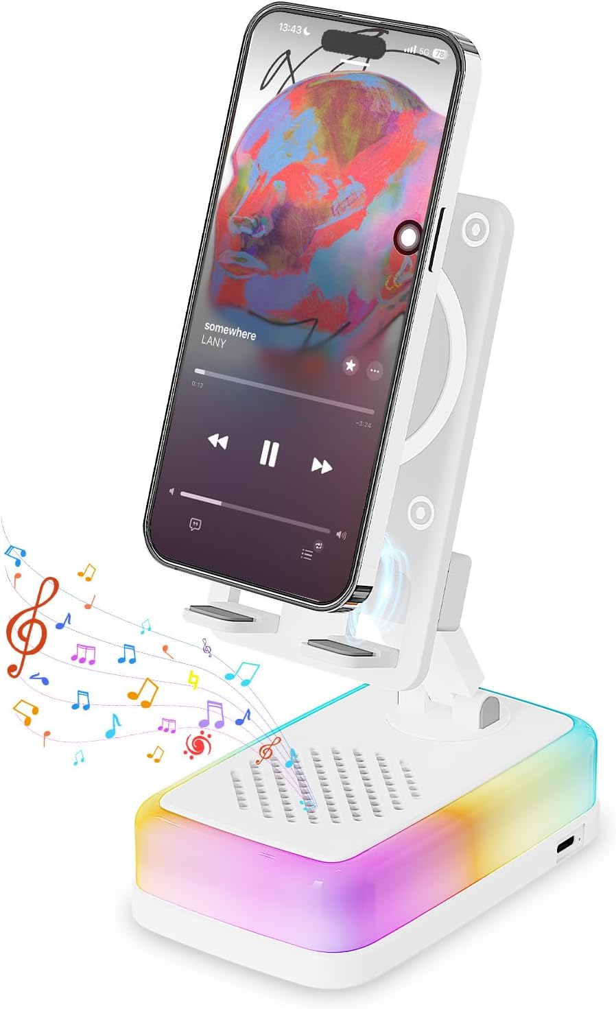 Wireless Induction Speaker with 180° Flexible Phone Stand, Bluetooth 5.3 Speaker for Desk with 3000mAh Emergency Power Bank, 5 in 1 Phone Speaker Amplifier with RGB Light, Gift for Men Women (Black)