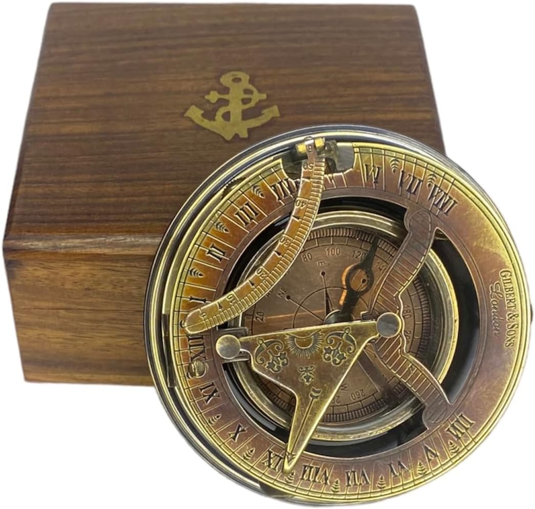 Brass Sundial Compass with Wooden Box – 4” Antique Mariner’s Navigational Compass | Solid Calibrated Survival Tool | Durable Vintage Nautical Collectible & Unisex Adventure Gift