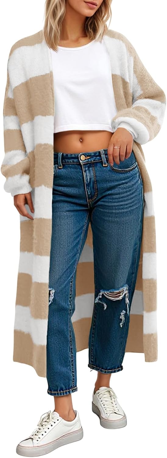 Saodimallsu Womens Striped Long Cardigan Sweaters Open Front Oversized Chunky Fuzzy Knit Fall Duster Sweater Coats