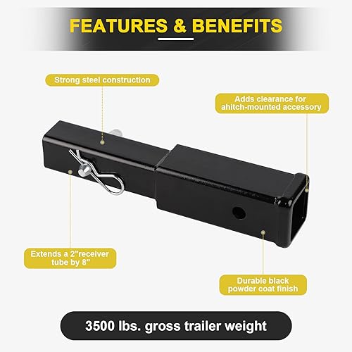 Miniatura 3 de CPROSP Extensión de enganche de 8 pulgadas, se adapta a barra de remolque de tubo receptor de 2 pulgadas, vástago de acero resistente, 6000 libras,