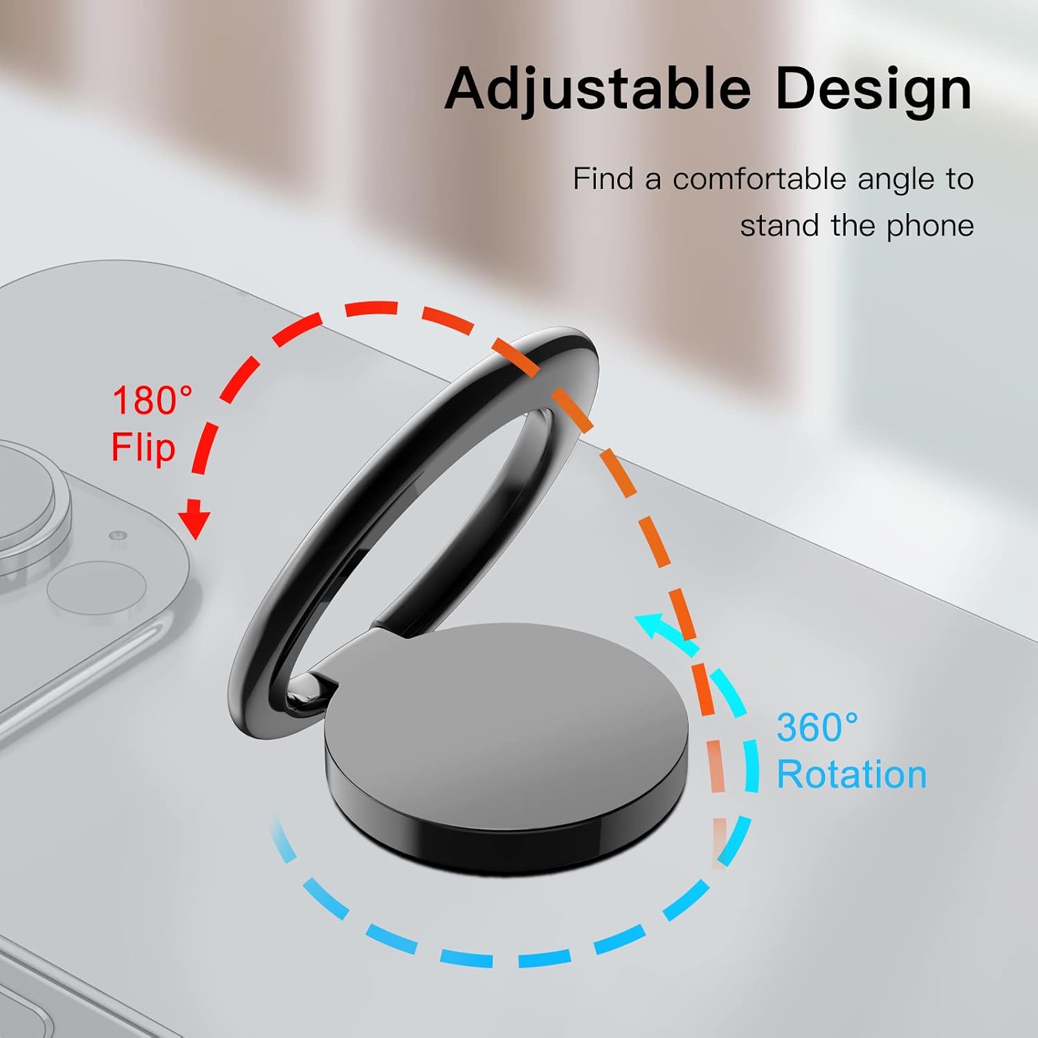 JETech Cell Phone Ring Holder, 360 Degree Rotation Metal Finger Grip Adjustable Cellphone Stand for Magnetic Car Mount, Compatible with iPhone, Galaxy, Pixel and More Smartphone (Black)