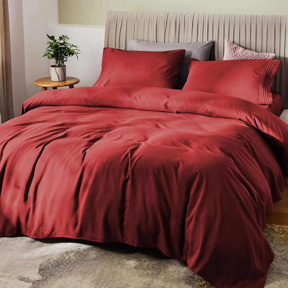 SONORO KATE Bed Sheet Set Bamboo Sheets Deep Pockets 16" Eco Friendly Wrinkle Free Sheets Hotel Bedding Machine Washable Silky Soft (Burgundy, Queen)