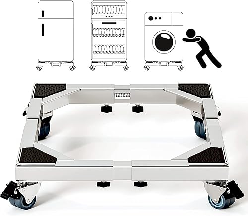 Miniatura 8 de CHINCHILLA Base de soporte móvil de acero inoxidable resistente para nevera, soporte de lavadora con ruedas, plataforma de muebles ajustable para