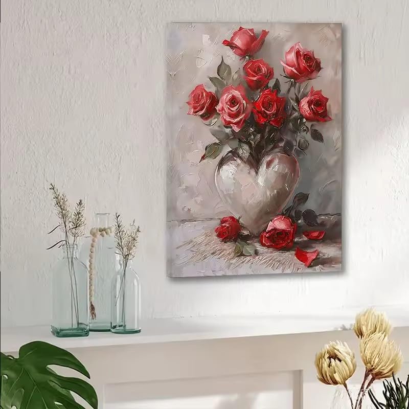 Roses rouges dans un vase en cœur, tableau abstrait romantique