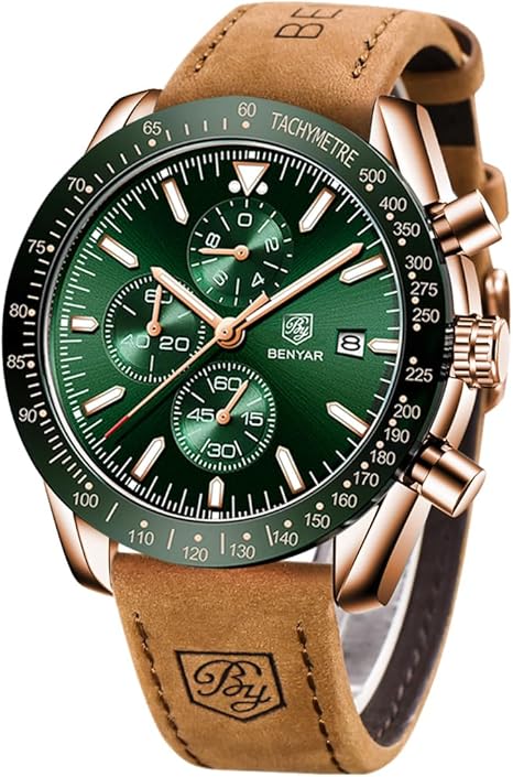 BENYAR Men's Watch Quartz Movement Chronograph 30M Waterproof Luminous Casual Sports Business Men's Leather Watch