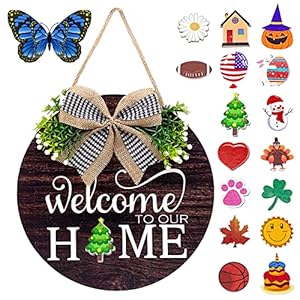 Interchangeable Welcome Sign Wreaths for Front Door – 12Inches Seasonal Solid Round Rustic Wood Door Sign for Valentine…