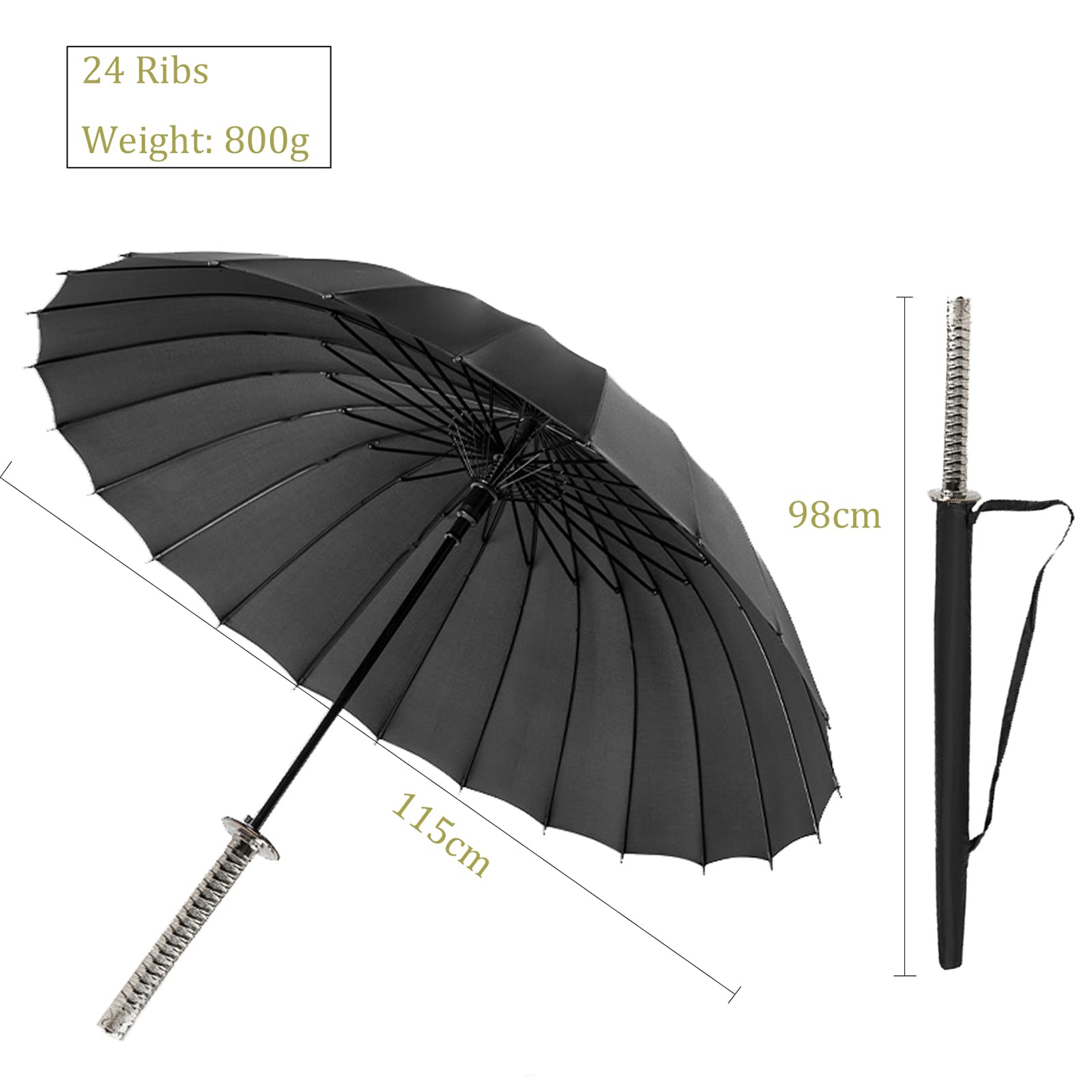 ZXF Regenschirm mit Metall langem Griff, Samurai-Schwert für den Außenbereich, Sonnen- und Regen-Regenschirm, Winddicht, wasserdicht, Anime-Motiv, schwarz, gerade