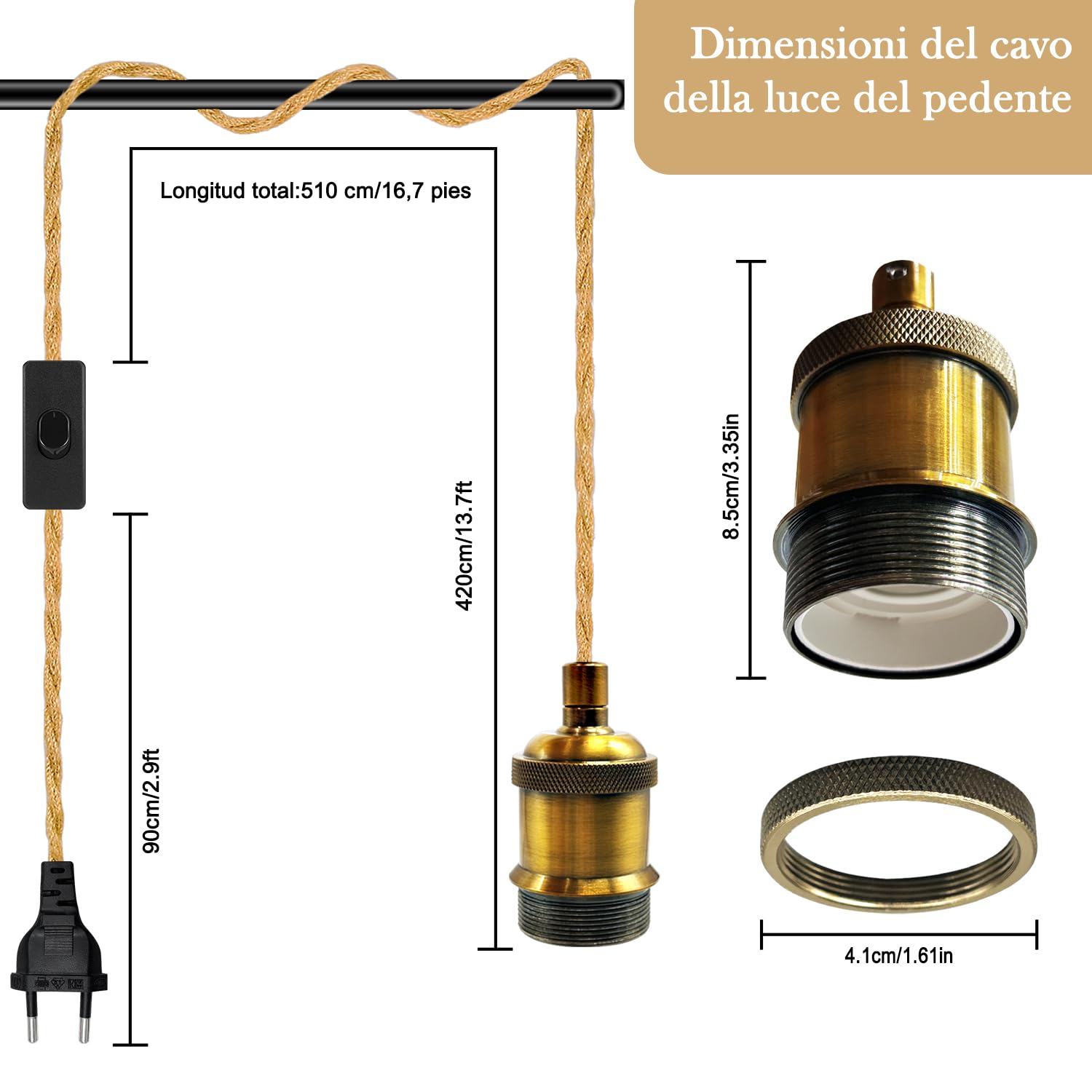 Portalampada E27 Con Cavo Corda Canapa 510cm - Interruttore E Spina, Per Lampade Sospese Fai Da Te - Foto 7