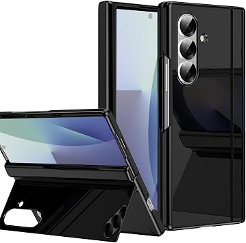 for Samsung Galaxy Z Fold 7 Case with Hidden Kickstand, Built in Glass Screen Protector Spring Hinge Cover Anti-Scratch Shockproof Full Coverage Glossy PC Protective Case for Z Fold 7 Black