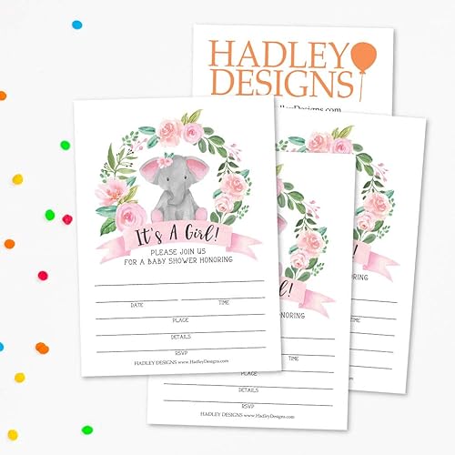 Miniatura 4 de Hadley Designs 25 invitaciones de corona de elefante, invitación de espolvorear para niña, tema de género de safari rosa mixto, relleno de selva de