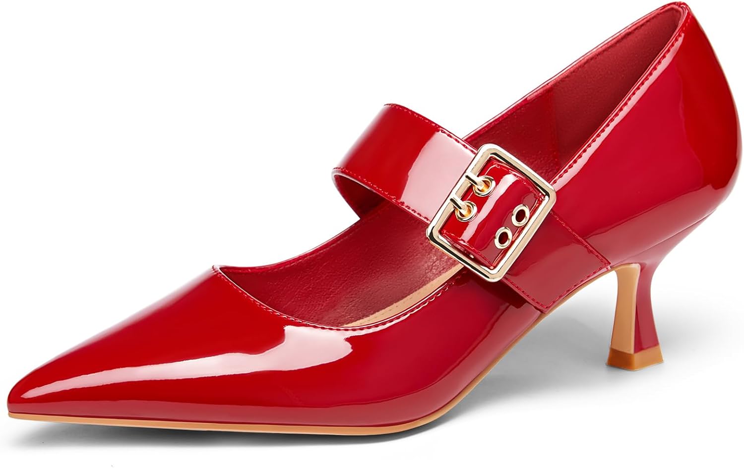 Coutgo Womens Kitten Heels Mary Jane Shoes Closed Pointed Toe Dress Shoes Buckle Work Office Pump Shoes