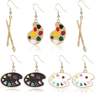 4 Pairs Artist Collection Paint Palette Earrings Set for Women Unique Gold Plated Enamel Paint Brush Dangle Earrings Colorful Art Teacher Painter Jewelry Gifts