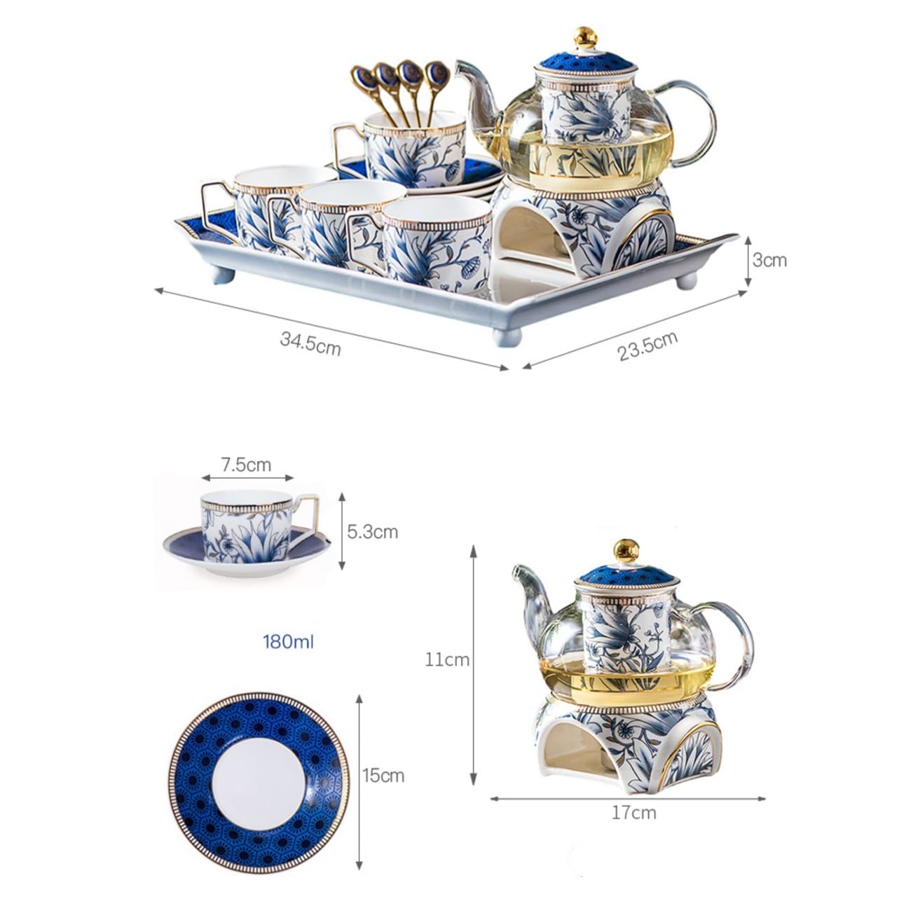 Amazon.co.jp: ファインボーンチャイナティーセット、ブルー&ホワイト