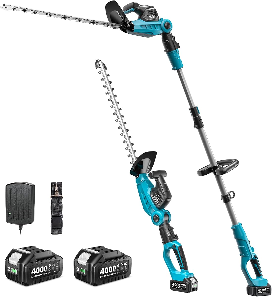 SEESII 2-in-1 Pole & Cordless Hedge Trimmer, 20" Electric Bush Trimmer 20V | Dual-Action Blade, 8.5ft Extension Pole, 2x4.0Ah Batteries, Adjustable Rotating Head, Battery Hedge Clippers for Tree Shrubs