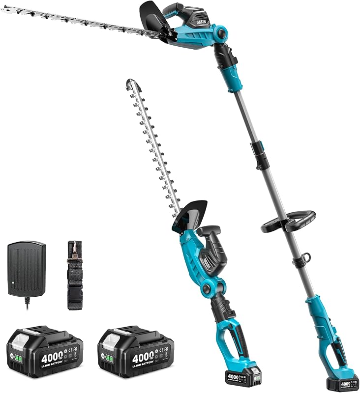 SEESII 2-in-1 Pole & Cordless Hedge Trimmer, 20" Electric Bush Trimmer 20V | Dual-Action Blade, 8.5ft Extension Pole, 2x4.0Ah Batteries, Adjustable Rotating Head, Battery Hedge Clippers for Tree Shrubs