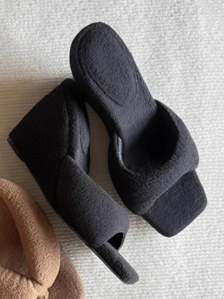 Women's Chunky Platform Slide Slippers Square Toe Wedge Heel Fuzzy Mule Slippers for Outdoor Indoor Comfort