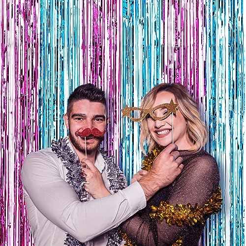 Image of Voircoloria 2 Pack 3.3x8.2 Feet Blue and Pink Foil Fringe Backdrop Curtains, Tinsel Streamers Birthday Party Decorations, Fringe Backdrop for Graduation, Baby Shower, Gender Reveal, Disco Party