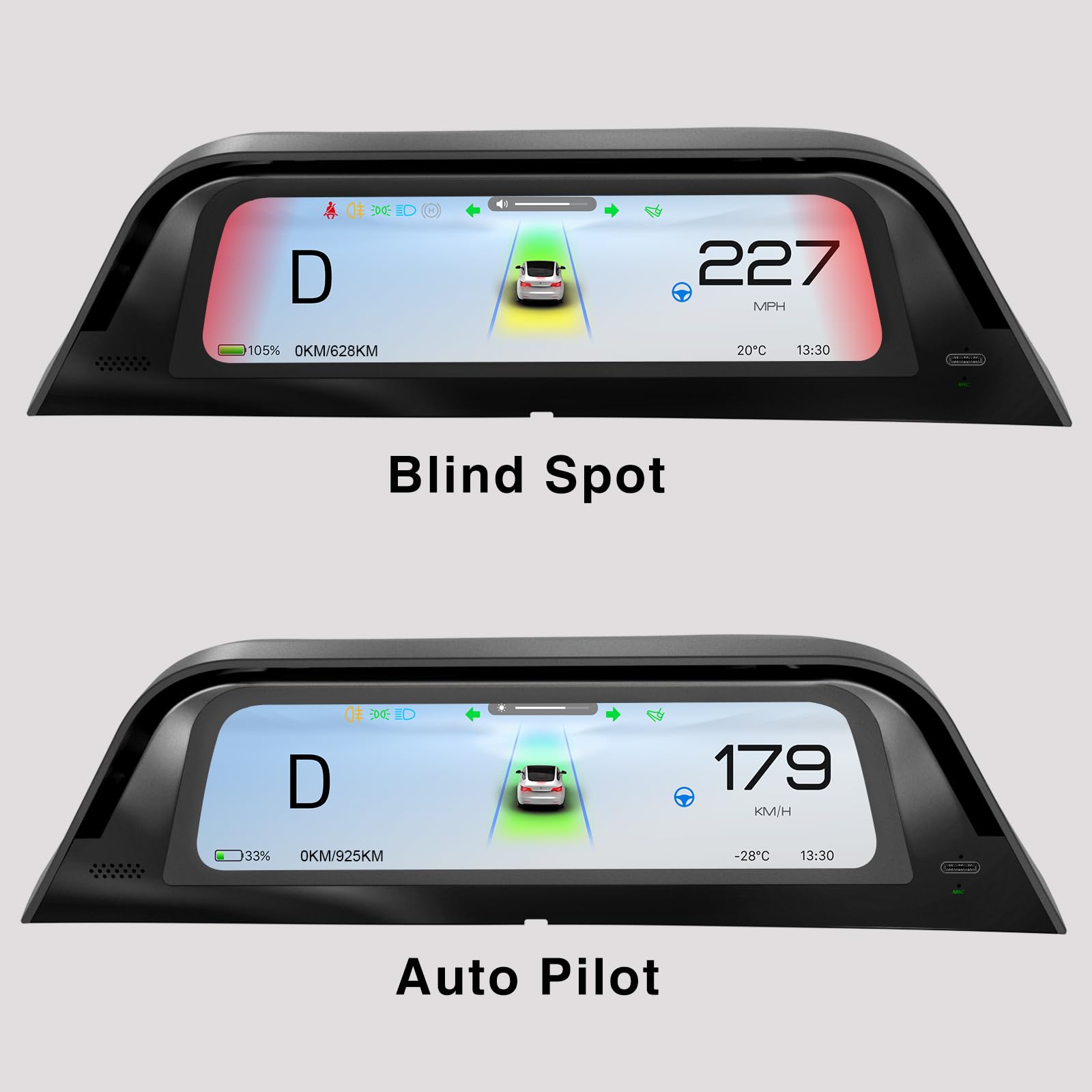 Heads Up Dispaly per Tesla Model Y 2019-2024 e Model 3 2017-2023 Schermo da 9,66" - Design aggiornato senza blocco della presa d'aria, CarPlay wireless Android Auto, Allarme angolo cieco