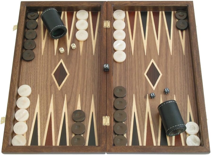 Greek Walnut Backgammon Set with Double Inlays - 19" Large Crafted Wooden Case