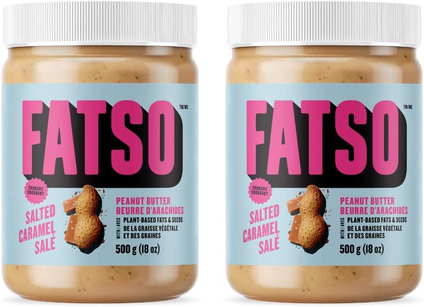 FATSO Crunchy Salted Caramel Peanut Butter - Natural Nut Spread w/Plant-based Seeds & Superfats - Keto-friendly, Gluten-free & Sugar-free Protein Butter - (16oz Jar, 2 Pack)