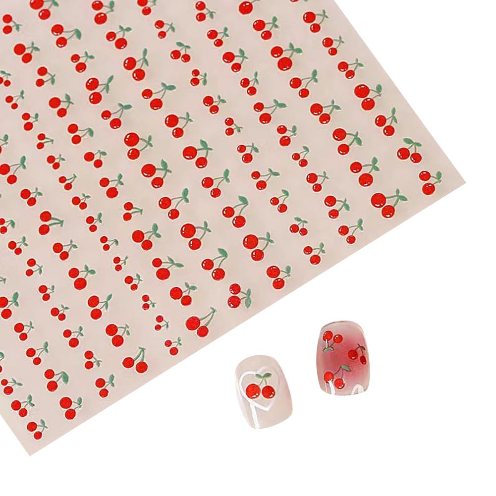 Hugede Women's Red 4 Sheets Self Adhesive Cherry Nail Stickers Summer Fruit Nail Art Decals Diy Manicure Design Stickers French Tip Manicure Decoration Scrapbooking Card Decorative Sticker For Girls