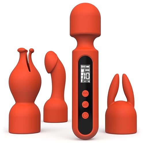 Tracy's Dog Wand Vibrator Kits, Couple Adult Sex Toys with 3 Attachments for Clit, G Spot, Glans, Clitoral Stimulator Vibrating Dildo with LCD Display, 10 Patterns 4 Speeds Massage Kits (Spicy Orange) - Spicy Orange