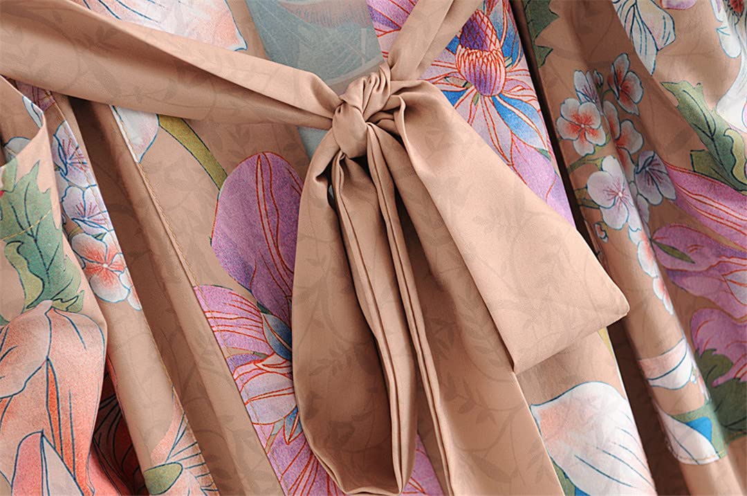 Dninmim Kimono long bohème à manches 3/4 pour femme Imprimé floral, rose, L