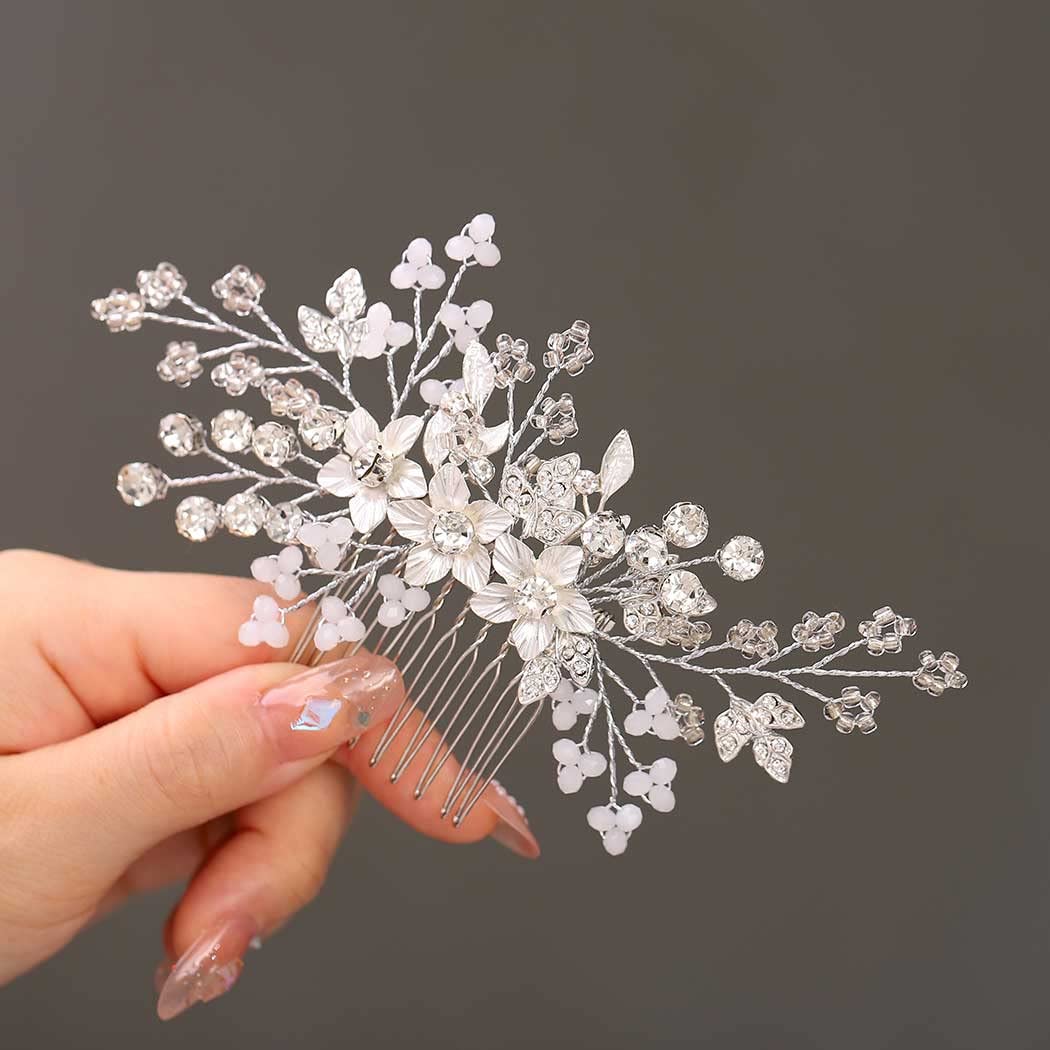 Rhinestone Hair Combs Silver Flower Wedding Hairpieces Bridal Side Clips Amazon.com : Foyte Crystal Bride Wedding Hair Comb Silver  main image 3