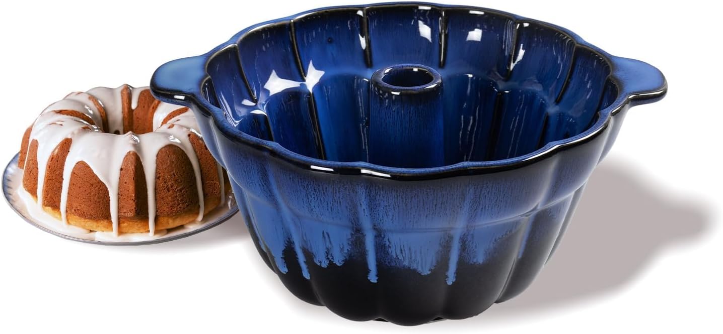 Emeril Lagasse Fluted Cake Pan Stoneware 9.5 in – Pound Cake Baking Pan, Perfect for Baking Delicious Cakes! (Dark Blue)