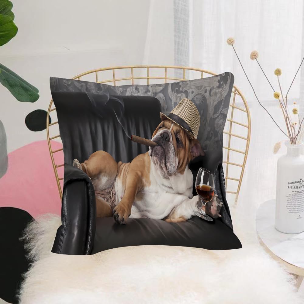HYOSXW Cushion Cover,Throw Pillow Case Home Decorative for Living Room Bedroom Sofa Chair 16X16 Inch,Happy lazy dog English Bulldog on a leather armchair sofa,Pillowcase 40X40cm