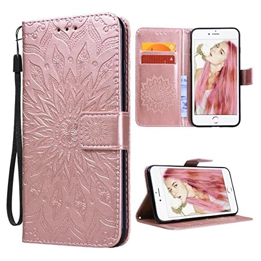 VemMore iPhone 7 Plus fodral iPhone 8 Plus fodral PU-läder plånboksfodral blomma flip magnetisk stängning kortplatser stativ funktion premium stötsäkert fullt skyddande fodral solrosmönster – roséguld