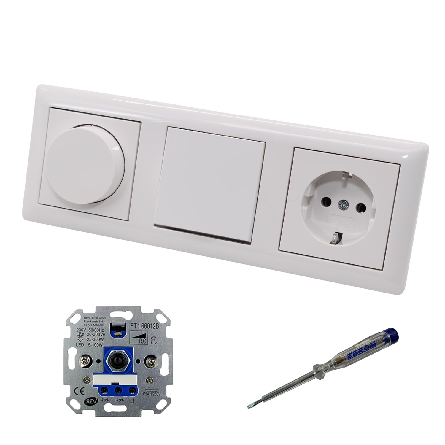 EBROM SET IDEE: REV Ritter LED Drehdimmer Dimmer + Gira Dimmerscheibe 065003 + Taster 315100 + Steckdose 418803 System E2 reinweiß glänzend + EBROM Phasenprüfer zur Montage der Geräte ET1 66012B
