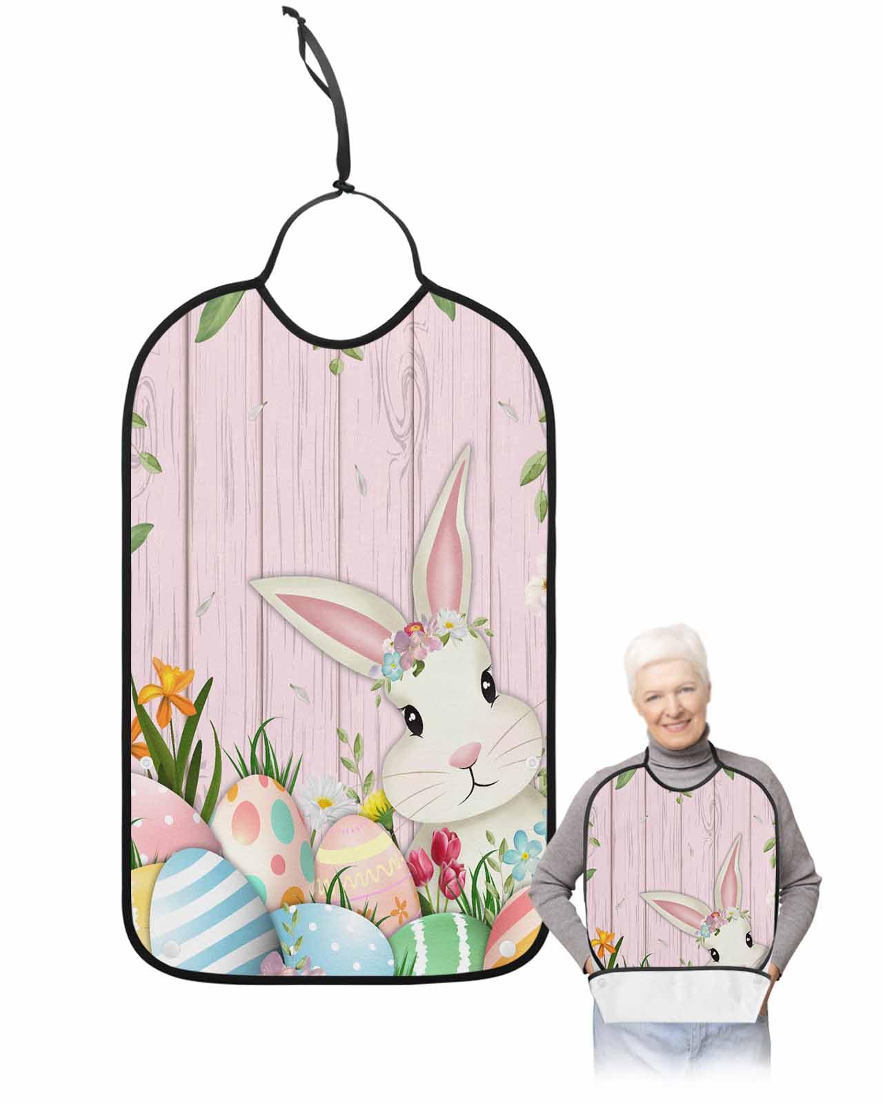 LEOKOTI Pink Easter Adult Bibs for Eating, Waterproof Bibs with Food Catcher & Adjustable Snap Closure, Spring Floral Colorful Eggs Botanical Wooden Washable Clothing Protectors Adult Bibs for Elderly