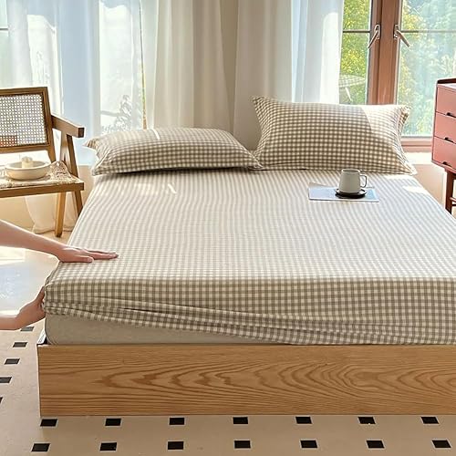Miniatura 3 de Sábana bajera ajustable de algodón lavado 100% en color topo con diseño Gingham para cama queen, con bolsillo profundo de 15 pulgadas, sábana bajera