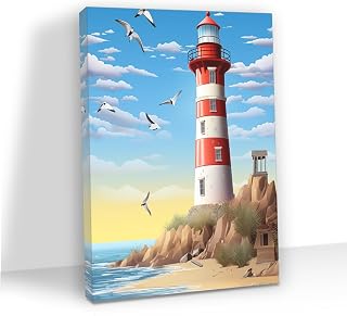 Modern Wall Art 12"X16" Painting Artwork Framed for Living Room Bedroom Bathroom Office Home Decor, Lighthouse On The Beach With Seagulls In The Sky