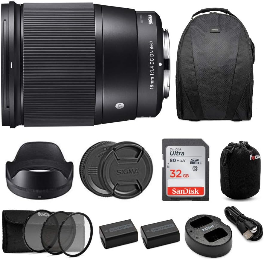 Sigma 16mm f/1.4 DC DN Lens for Sony Bundle with Photo and Video Backpack, Battery (2-Pack) and Dual Charger, Memory Card, Filter Kit with UV, CPL and Neutral Density, Neoprene Lens Pouch (6 Items)