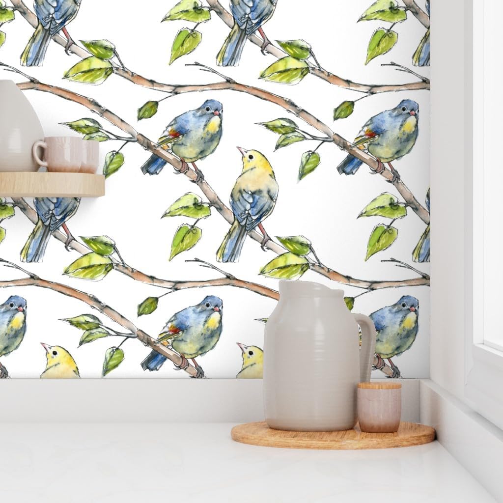 Peel & Stick Wallpaper 3ft x 2ft - Watercolor Birds Nature Bird Painting Happy Branch Green Yellow Bright Woodland Custom Removable Wallpaper by Spoonflower