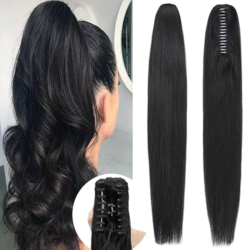 Miniatura 8 de Rich Choices Extensión de cola de caballo de cabello humano real con clip de garra, balayage, color negro azabache, 14 pulgadas, 3.70oz, extensiones