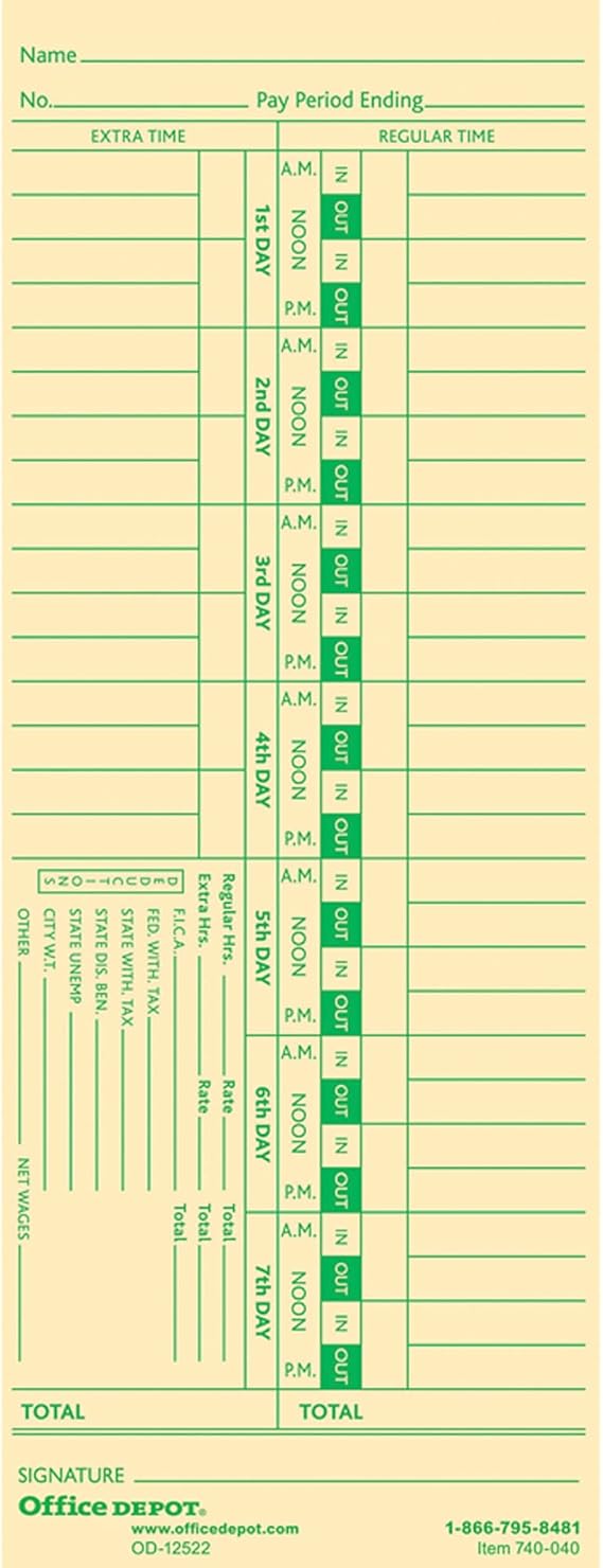 Office Depot Time Cards, Biweekly, Days 17, 2Sided, 3 3