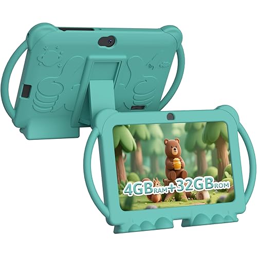 Kids Tablet 7 inch Android 12, 4GB RAM 32GB ROM, 512GB Expandsion, with Parental Control, WiFi, Bluetooth, Dual Camera with Silicone Case, 1PCS(Green)
