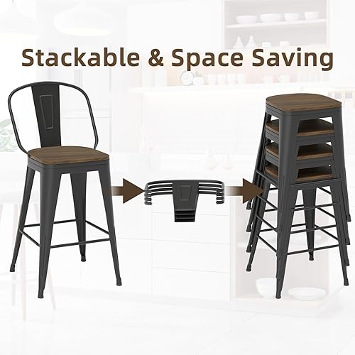 Miniatura 5 de Juego de 4 taburetes de bar giratorios de 24 pulgadas, taburetes de bar industriales con patas de metal resistentes, taburetes de bar con respaldo