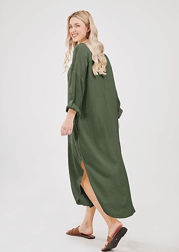 Miniatura 6 de utcoco Vestido largo casual de lino y algodón para mujer, con solapa, botones, manga con puños, abertura lateral, con bolsillos