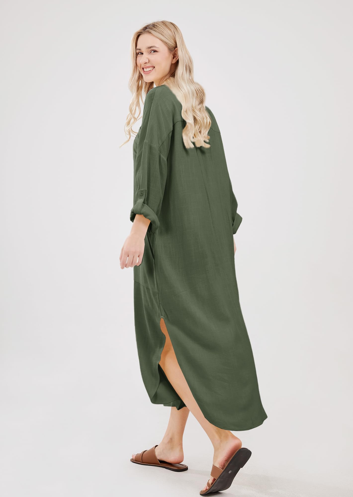 utcoco Vestido camisero largo de mujer, informal, holgado, de algodón y lino, con solapa abotonada, mangas con puños, abertura lateral y bolsillos