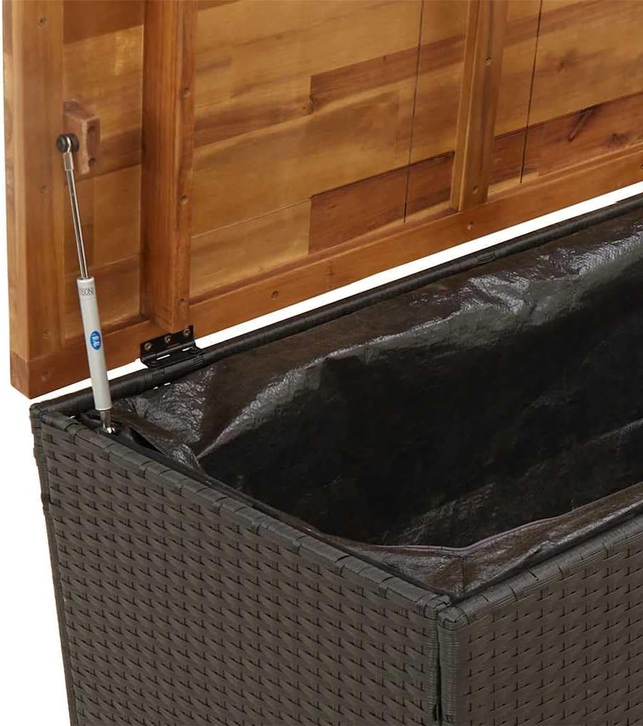 vidaXL Patio Storage Box/Bench Seat - Black Poly Rattan & Acacia Wood, for Garden/Patio, 43.3"x21.7"x24.8" - Weather w/Waterproof Bag