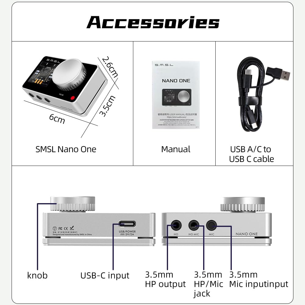 SMSL Nano ONE, tarjeta de sonido externa para juegos, entrada USB, salida de auriculares de 3.5 mm, cuatro modos: música/juego/7.1 virtual/mejora de voz se conecta a teléfonos/tabletas/computadoras