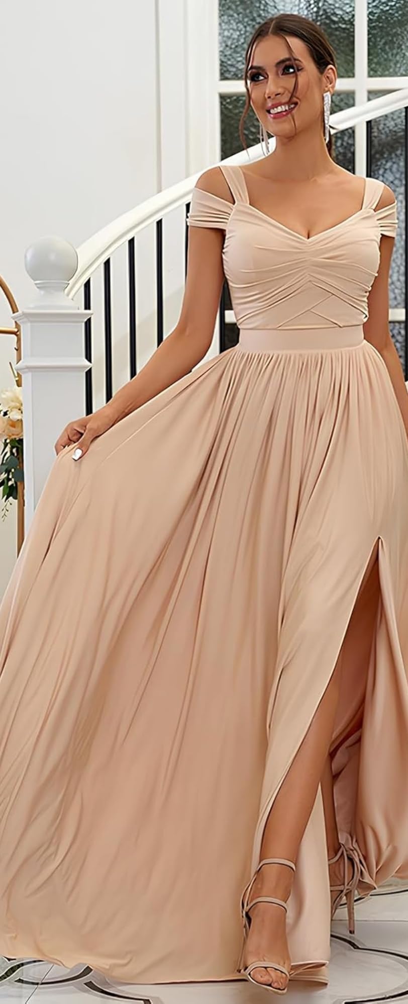 Damen Chiffon Brautjungfernkleider Lang,Schulterfrei Elegante Abendkleider Lang A-Linie Kleider für Hochzeitsgäste
