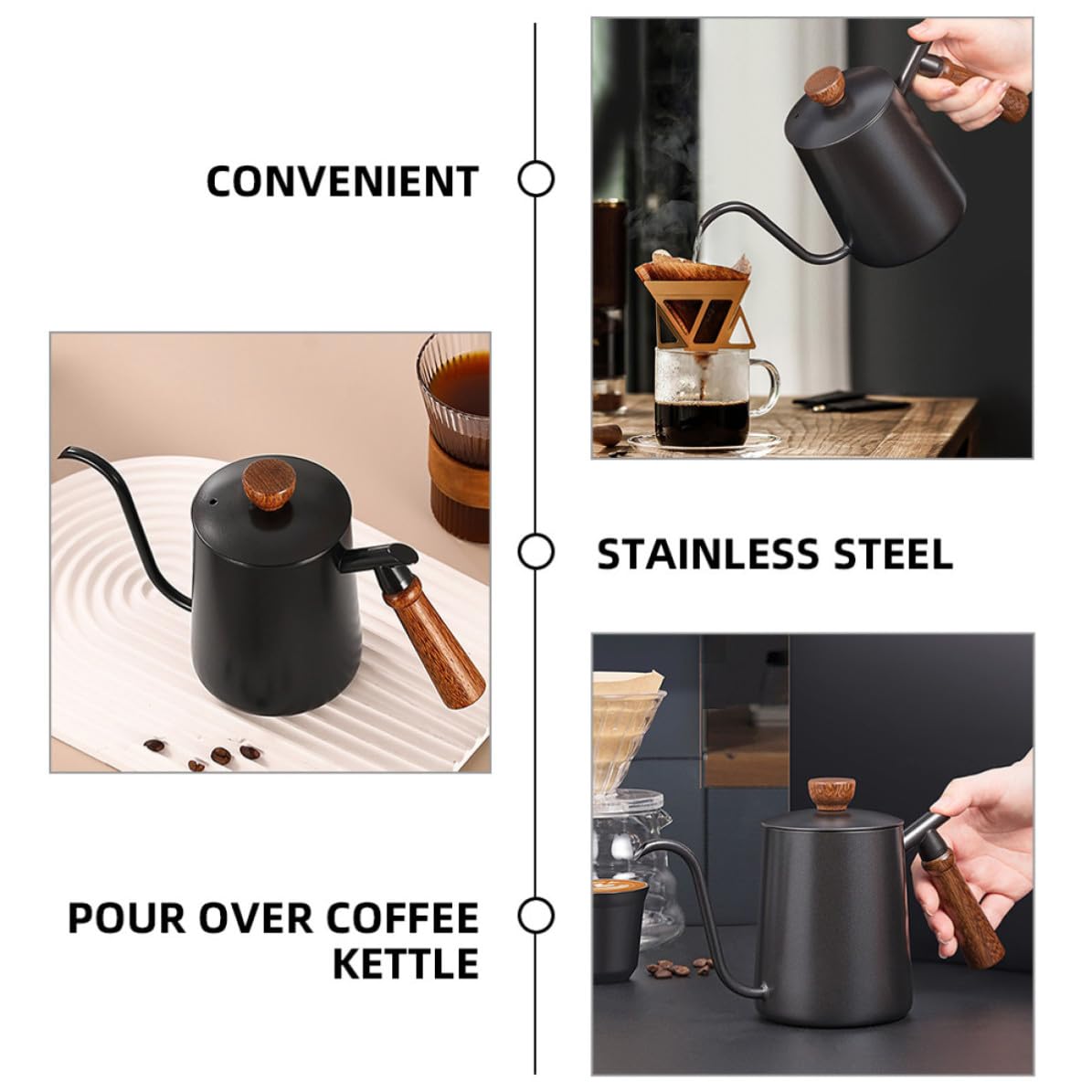 Bollitore Design Moderno ed Elegante per Caffè in Acciaio Inossidabile 600ml con Becco lungo Gooseneck e Manico in Legno per Versare con Precisione per Uso Domestico
