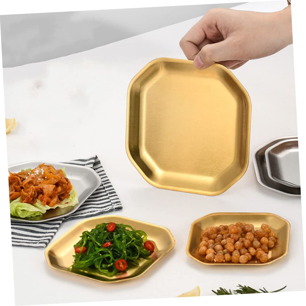 FUNOMOCYA 4 Pcs Octagonal Dish Kitchen Appetizer Dish Pinch Prep Bowls Sauce Seasoning Dish Sauce Plates Korean Pickle Plate Dresser Tray Snack Stainless Food Plates Golden Stainless Steel