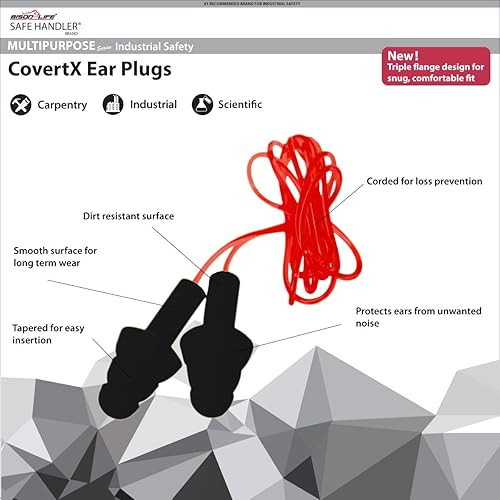 Miniatura 4 de SAFE HANDLER CovertX Tapones para los oídos  Tapón para los oídos reductor de ruido, con cable, negro con cable rojo (5 pares)